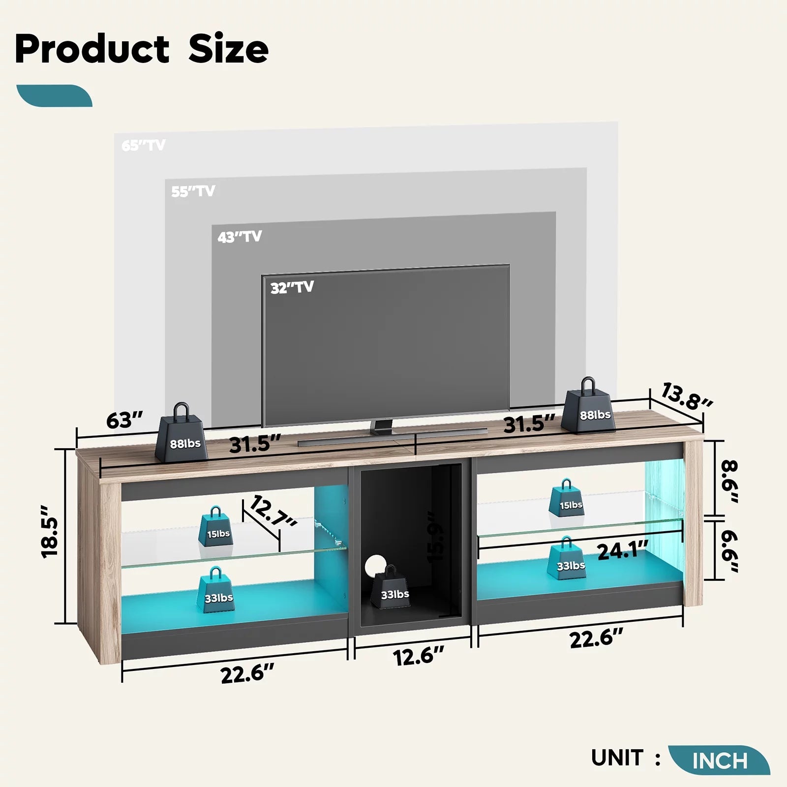 TV Stand for Tv's up to 70",  Table with RGB LED Lights and Storage Cabinet